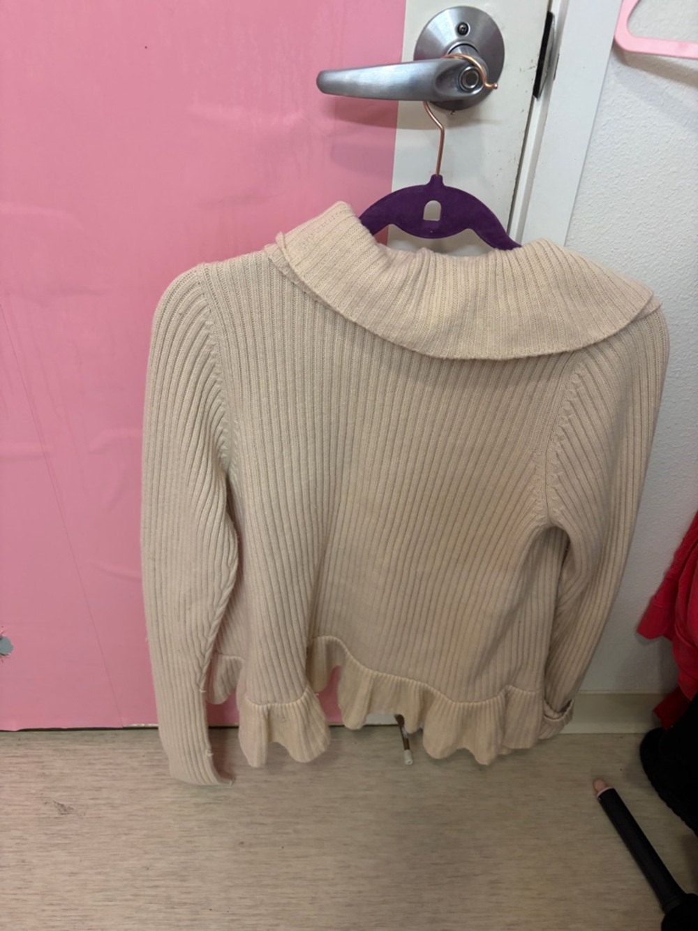 Tory Burch Cream Ruffle-Trim Ribbed Cardigan with Gold Buttons - Picture 2 of 3